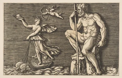 Galatea escapando de Polifemo, ele está sentado em uma rocha segurando um cajado e canos e ..., ca. 1515-1600.
