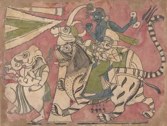 Ganesha lidera Shiva e Durga em procissão, século XVIII.