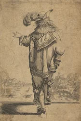 Cavalheiro visto de trás, indicando uma paisagem, depois de 1629.