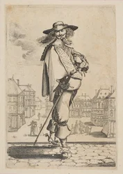 Cavalheiro com uma espada diante de alguns edifícios, 1629.