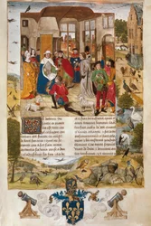 Imperador alemão Frederic II de Hohenstaufen cercado por caçadores de falcoaria, em miniatura.