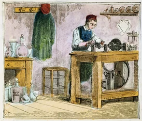Cortador de vidro que decora artigos de mesa em uma roda de carborundo, 1867