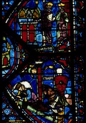 Arquitectura gótica. Histoire de Charlemagne (detalhe): Carlos Magno (742-814) recebe 3 caçadas (alta) e Visão de Constantino (I, Imperador Bizantino). Vidro manchado do ambulatório do norte, absidial. Cathedrale de Chartres.