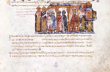 Grã-princesa Olga visitando Constantine VII Miniatura dos Skylitzes de Madri, séculos 11 a 12