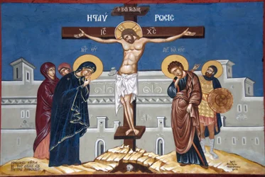 Cristianismo ortodoxo grego; pintura; Jesus Cristo na cruz; Mosteiro Moni Ipsilou; Ilha de Lesbos; Mar Egeu; Grécia; Europa