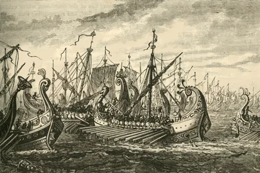 Trirremes gregos na Batalha de Salamina, 1890.