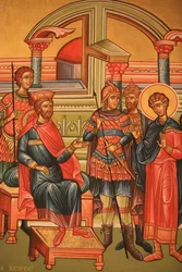 Ícone ortodoxo grego representando um mártir com um governador romano Thessalonique Grece