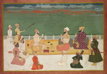 Retrato de grupo de Rajas cercado pelo cortejo judicial, c. 1700-20.