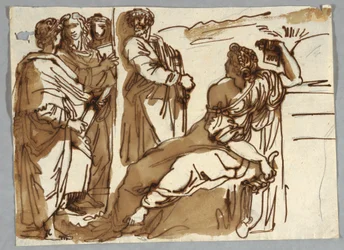 Grupo com Petrarca e Safo em Parnaso após Raphael Sanzio