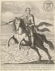 Gustavus Adolphus antes do mapa da Pomerânia em segundo plano, 1630