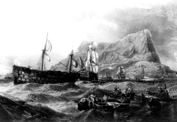 Vitória do HMS rebocada de volta a Gibraltar, 1805, século XIX