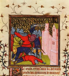 Combate corpo-a-corpo com espadas em defesa de um castelo, século XIV