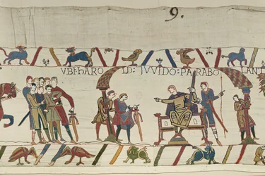 Harold e o Conde Guy de Ponthieu conversando juntos em Beaurain, Bayeux Tapestry (bordado de lã em linho)