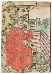 Hartlibs Alexander: Alexander assentado no trono, 1400s.