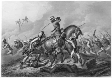 Coluna Havelocks atacando os amotinados antes de Cawnpoor, 1857, c1860