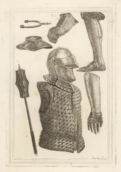 Capacete e brigandine 1, armadura de ferro greave ou perna 2, manopla de John of Gaunt 3, manopla de ferro 4, gorget 5, maça de ferro 6, esporão de ferro antigo pryck 7
