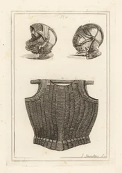 Capacete encontrado no Campo Bosworth, e cuirass flexível de laminas de metal em couro que se diz ter pertencido ao Rei Henrique VIII