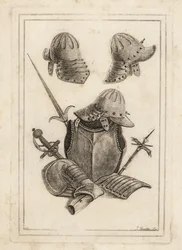 Capacete de uma armadura do tempo do Rei Carlos I, couraça, couraça, tassets e pouldron 3, pertuisan 4 antigo, espada com punho de prata 5 e martelo de armas da Torre de Londres 6