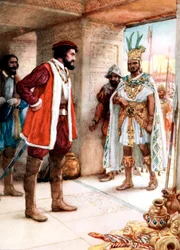 Hernán Cortés encontra-se com o imperador asteca Montezuma, 1519