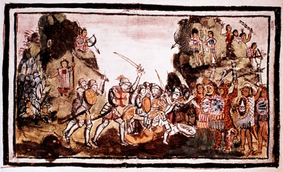 Hernando Cortes Cortez 1485-1547, conquistador espanhol, atacando nativos no México