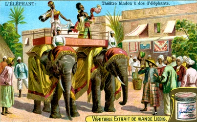 Teatro hindu nas costas de elefantes, c1900