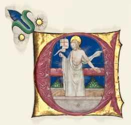 História inicial E excisada de um antifonário: Cristo ressuscitado no túmulo, c. 1420-1450.