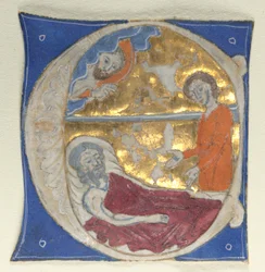 Inicial historiada extirpada de uma Bíblia, 1200s.