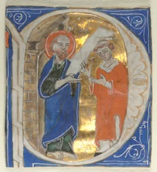 Inicial historiada extirpada de uma Bíblia: São Paulo e um clérigo, 1200s.