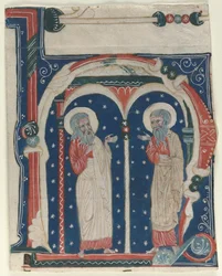 Inicial H historiada excisada de um antifônico: SS. Paul, o Eremita e Anthony, c1200-1230.