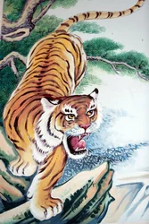 Hoi Tuong Te Nguoi Hoa templo budista chinês. Tigre pintura. Phu Quoc. Vietnã.