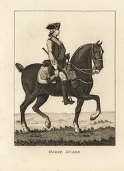 Guarda Cavalo, em uniforme militar com tricórnio, mosquete