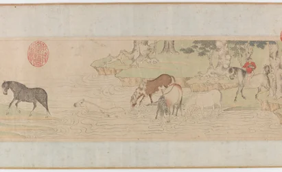 Cavalos e noivos cruzando um rio, Yuan ou início da dinastia Ming, século XIV.