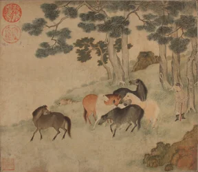Cavalos na paisagem com atendente.