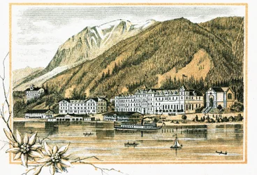 Hotel Scholastika ao longo do Lago Achensee Achen Tyrol Áustria por volta de 1900