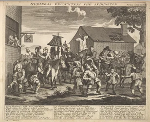 Hudibras encontra a placa 7 de Skimmington: Ilustrações para Samuel Butlers Hudi ..., 1725-30.
