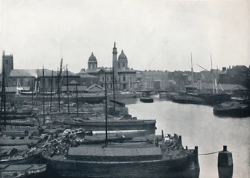 Hull - Princes Dock: com o Wilberforce Memorial e Dock Offices, 1895