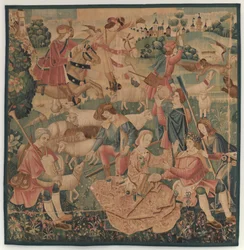 Cenas de Caça e Pastoral, com um herói coroado entre senhoras, c. 1510.