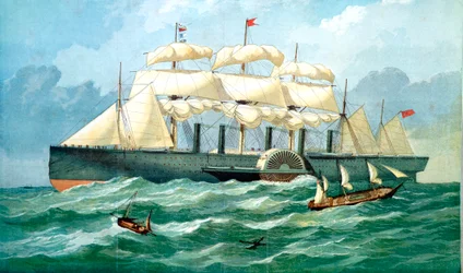 Navio a vapor IK Brunels Great Eastern mostrando alojamento para roda de pás e velas, 1857