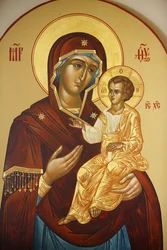 Ícone na igreja ortodoxa russa de Maria Madalena no Monte das Oliveiras: Virgem com o Menino, Jerusalém, Israel