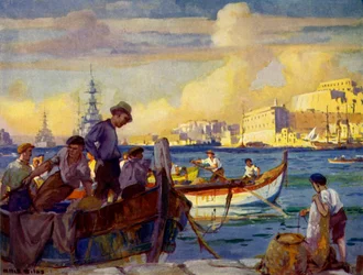 No Grand Harbour em Valletta, Malta, c1948.
