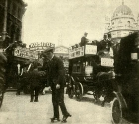 No meio do tráfego da Mansion House, 1910.