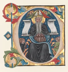 Inicial C Excisado de um livro de coral: Santo Antônio com Frades Antonitas, c. 1400-1440.