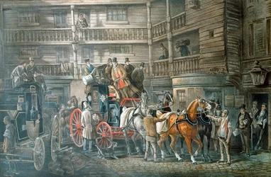 Estaleiro Inn, com, treinador correio, preparar, saída, c1840