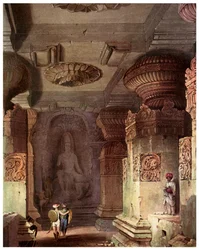 Interior de um templo de caverna, Ellora, Maharashtra, Índia, século XIX 1956