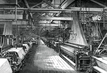 Interior do galpão de tecelagem, fábrica de St Leonards, Dunfermline, c1880