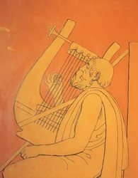 Vista interior de desenhos figurativos decorativos de representação simbólica masculina da Grécia antiga na sala de jantar em Holmwood, Glasgow (foto)