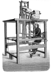 Tear de jacquard, com swags de cartões perfurados dos quais o padrão foi tecido, 1876