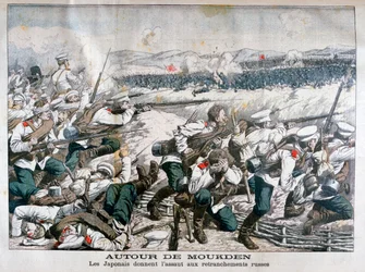 Tropas japonesas atacando trincheiras russas, Mukden, Manchúria, outubro de 1904