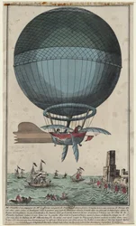 Jean Pierre Blanchard e John Jefferies chegando em Calais depois de atravessar o Canal da Mancha em um balão de ar quente, 1785
