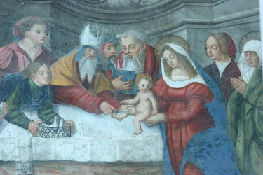 Jesus no afresco do templo na porta da catedral de Santa Maria Aoste Italia
